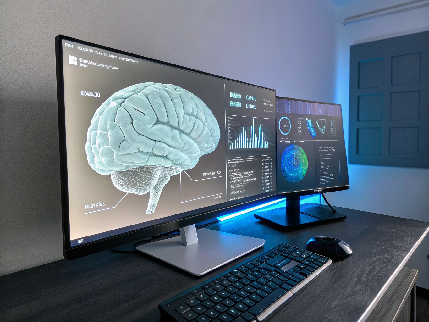 Neurological assessment interface showing brain activity mapping and symptom tracking