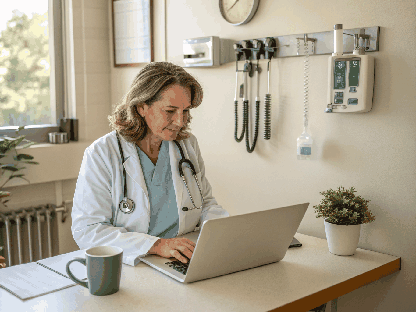 Medical professional reviewing patient pain scale data on a digital interface