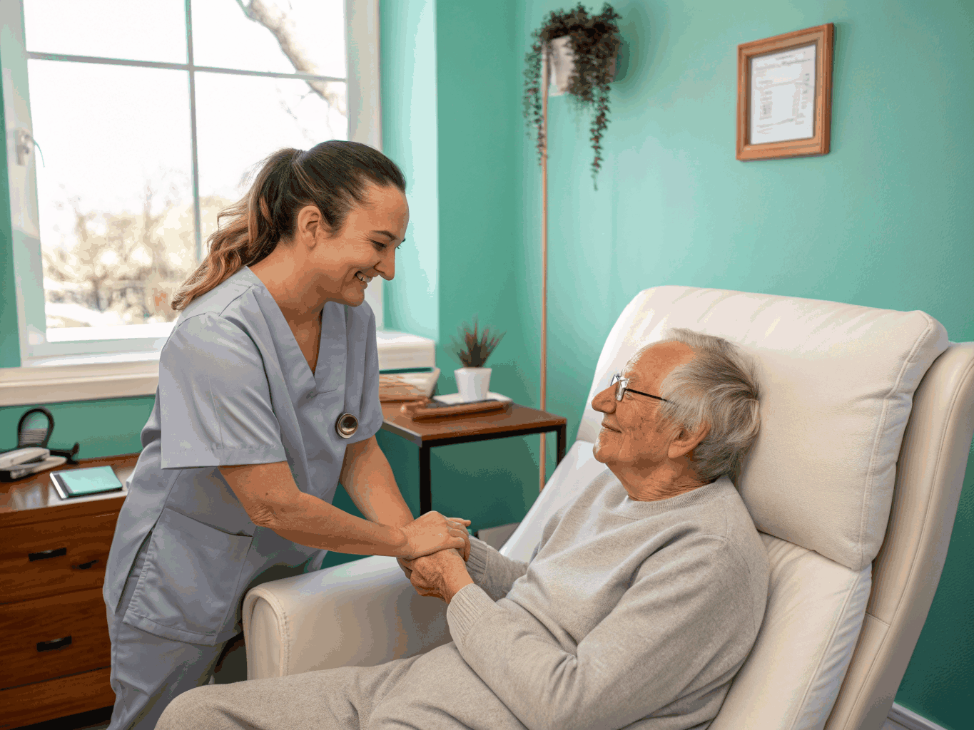 Patient receiving same-day certification in a warm home setting with natural lighting